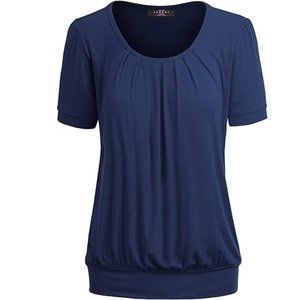 Made By Johnny Scoop Neck Short Sleeve Pleated Front Blouse Tunic Top. d72